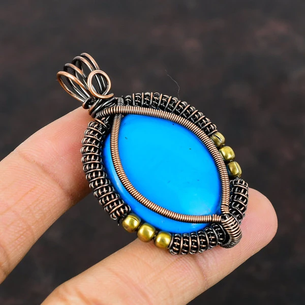 Sleeping Beauty Turquoise Oval Blue Handmade Copper Wire Wrapped Pendant