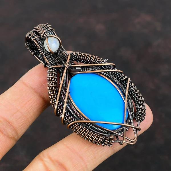 Sleeping Beauty Turquoise Oval Blue Handmade Copper Wire Wrapped Pendant