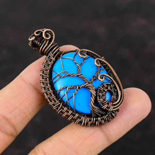 Sleeping Beauty Turquoise Oval Blue Handmade Copper Wire Wrapped Pendant