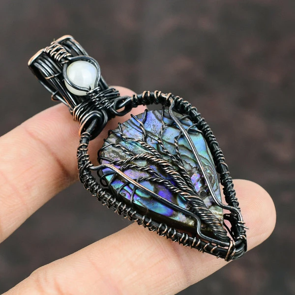 Abalone Shell Pear Blue Handmade Copper Wire Wrapped Pendant