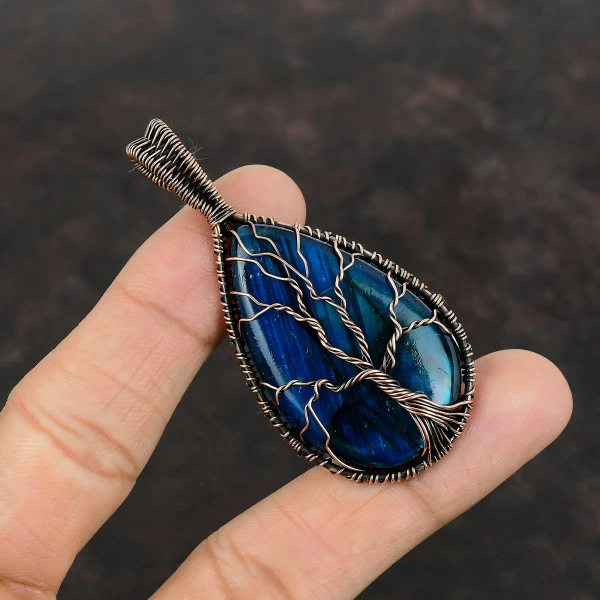 Tree Of Life Neon Flash Labradorite Pendant Copper Wire Wrapped Gemstone Jewelry