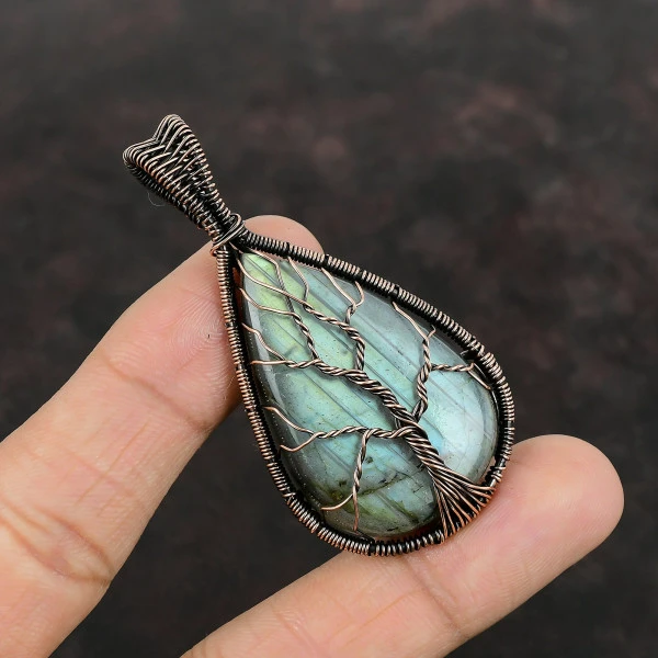 Tree Of Life Labradorite Gemstone Copper Pendant Handmade Wire Wrapped Pendant