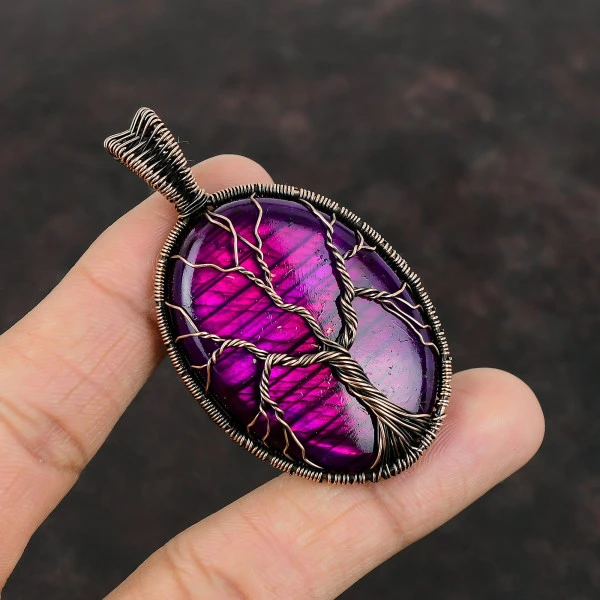 Tree Of Life Pink Fire Labradorite Pendant Copper Wire Wrapped Gemstone Pendant