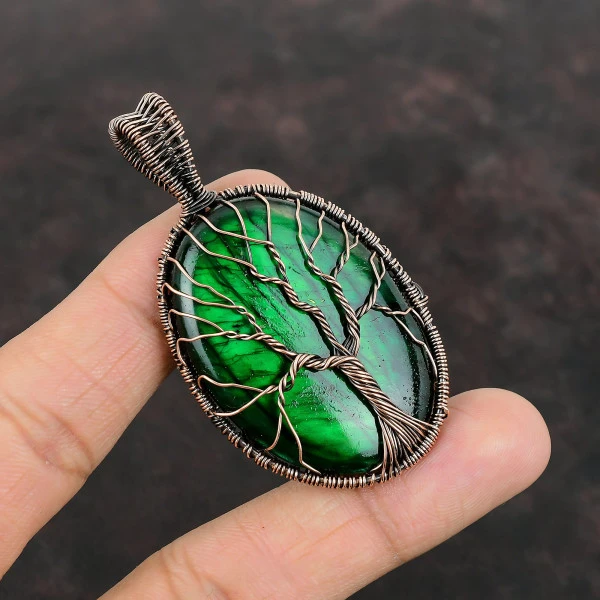 Tree Of Life Green Fire Labradorite Pendant Copper Wire Wrapped Gemstone Pendant