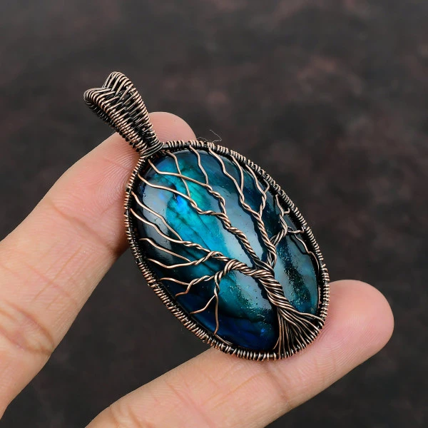 Tree Of Life Neon Flash Labradorite Gemstone Pendant Copper Wire Wrapped Pendant