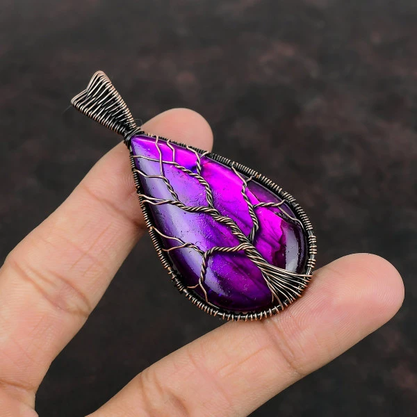 Tree Of Life Purple Fire Labradorite Gemstone Pendant Copper Wire Wrapped Pendant