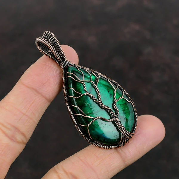 Tree Of Life Green Fire Labradorite Copper Pendant Wire Wrapped Gemstone Pendant
