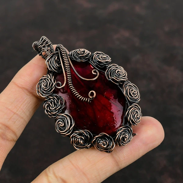 Red Fire Labradorite Oval Red Handmade Copper Wire Wrapped Pendant