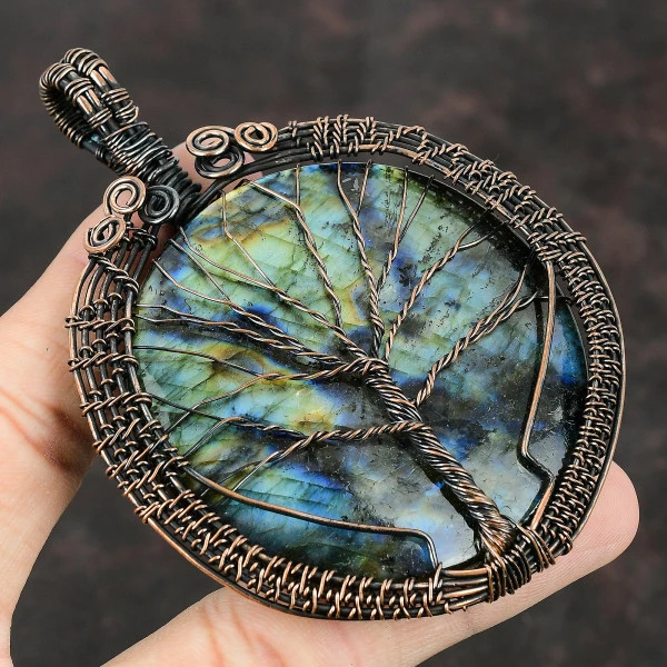 Labradorite Round Blue Handmade Copper Wire Wrapped Pendant