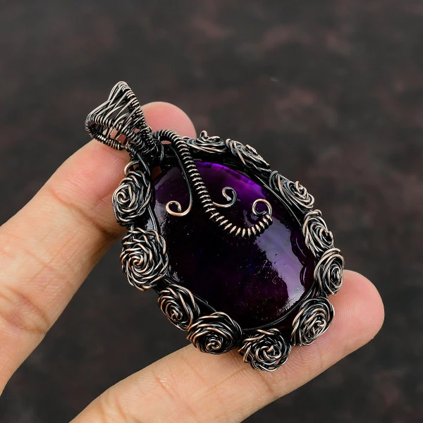 Pink Fire Labradorite Oval Pink Handmade Copper Wire Wrapped Pendant