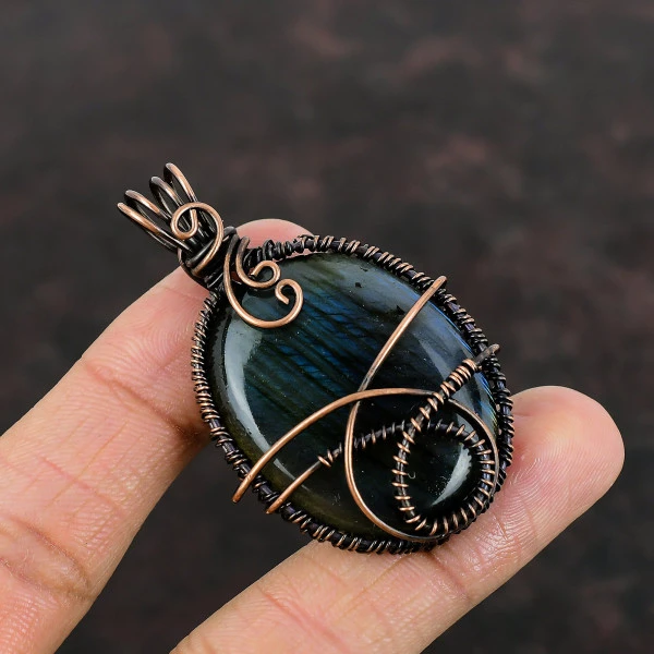 Labradorite Oval Blue Handmade Copper Wire Wrapped Pendant