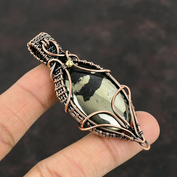 Pyrite Oval Gold Handmade Copper Wire Wrapped Pendant