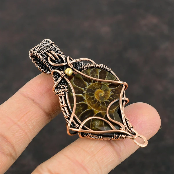 Ammonite Fossil Pear Brown Handmade Copper Wire Wrapped Pendant