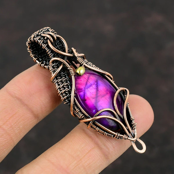 Pink Fire Labradorite Oval Pink Handmade Copper Wire Wrapped Pendant
