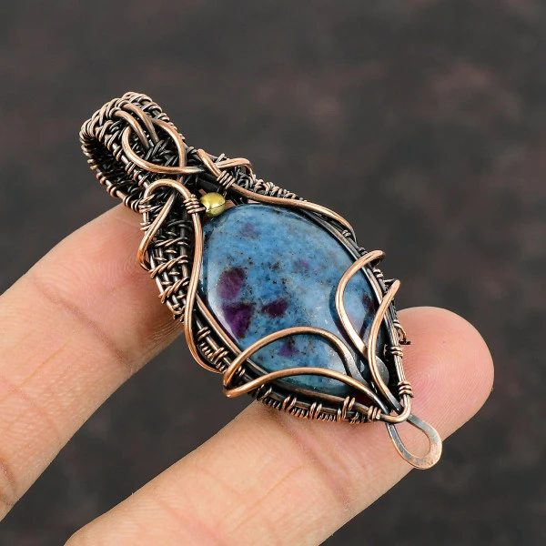Ruby In Blue Kyanite Oval Blue Handmade Copper Wire Wrapped Pendant