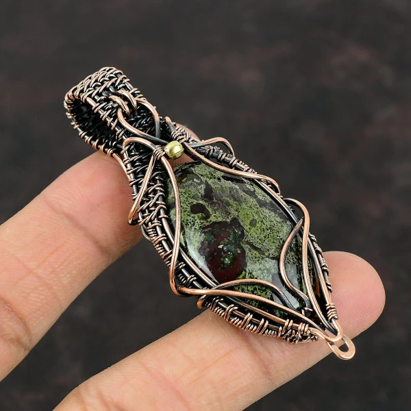 Dragon Bloodstone Oval Green Handmade Copper Wire Wrapped Pendant