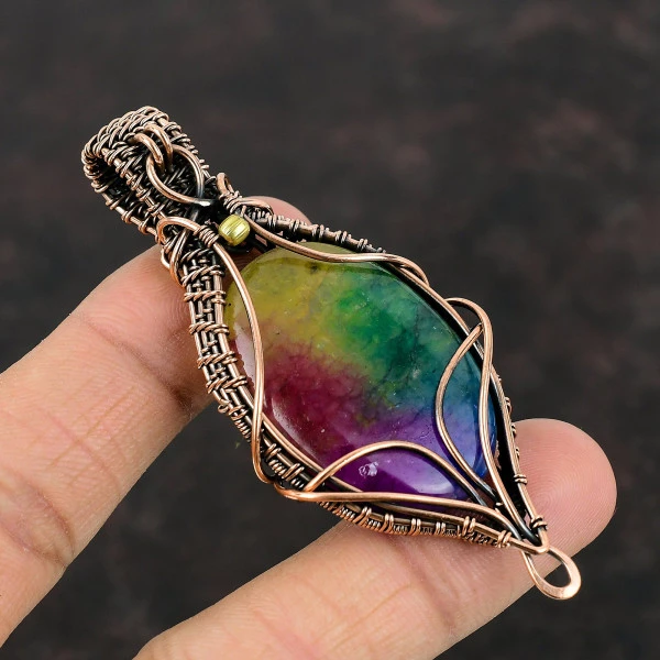 Rainbow Solar Quartz Druzy Oval Yellow Handmade Copper Wire Wrapped Pendant