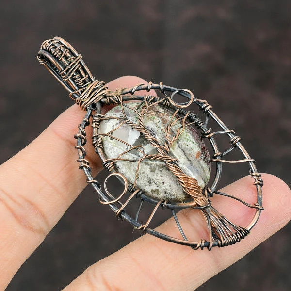 Crazy Lace Agate Oval White Handmade Copper Wire Wrapped Pendant