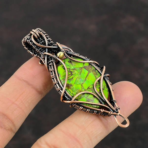 Copper Green Turquoise Oval Green Handmade Copper Wire Wrapped Pendant