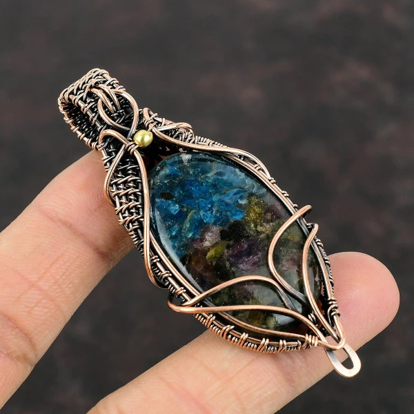 Watermelon Tourmaline Oval Blue Handmade Copper Wire Wrapped Pendant