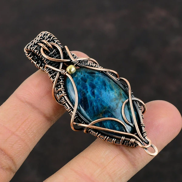 Neon Apatite Oval Blue Handmade Copper Wire Wrapped Pendant