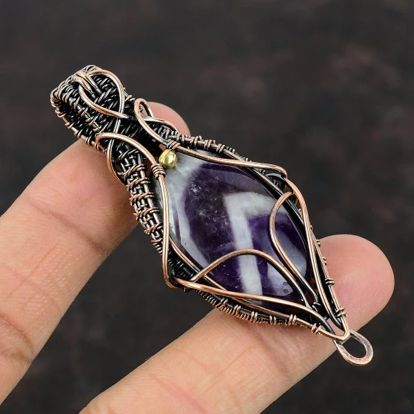 Chevron Amethyst Oval Purple Handmade Copper Wire Wrapped Pendant