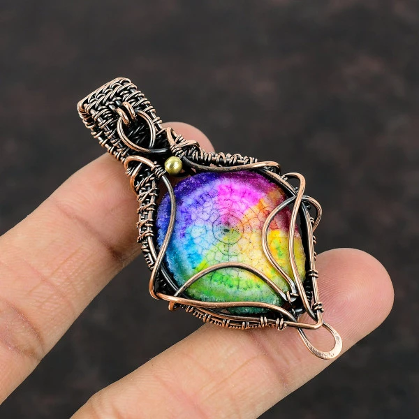 Rainbow Solar Quartz Druzy Round Blue Handmade Copper Wire Wrapped Pendant
