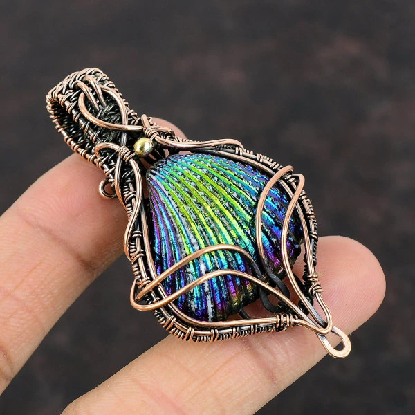 Titanium Coated Shell Trillion Purple Handmade Copper Wire Wrapped Pendant