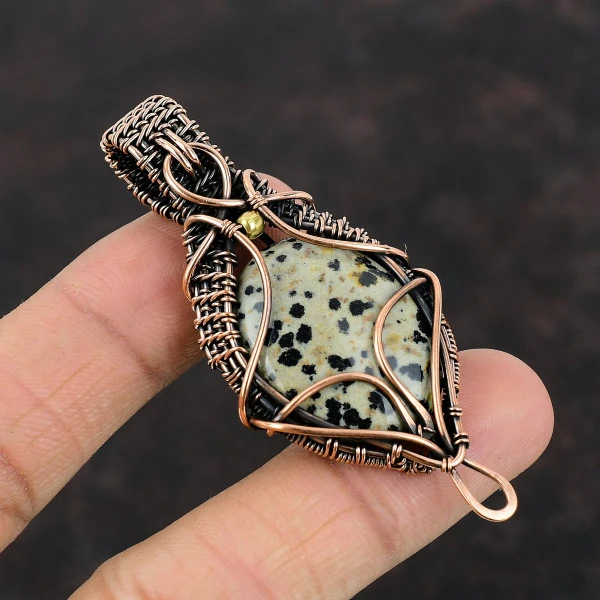 Dalmatian Jasper Oval White Handmade Copper Wire Wrapped Pendant