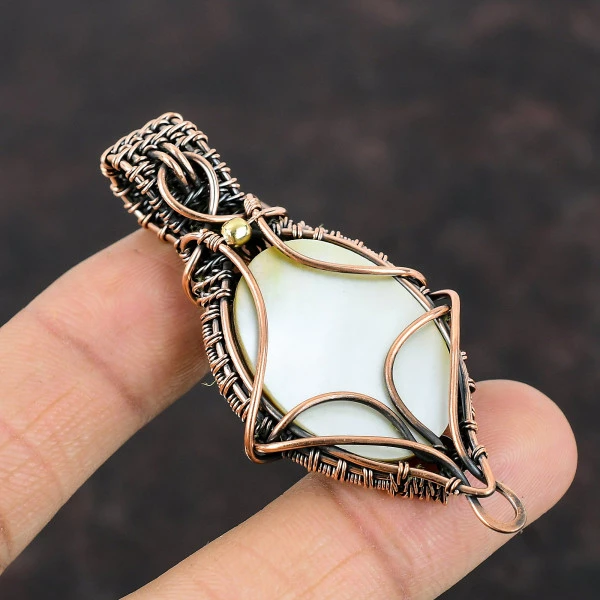 Mother Of Pearl Oval White Handmade Copper Wire Wrapped Pendant