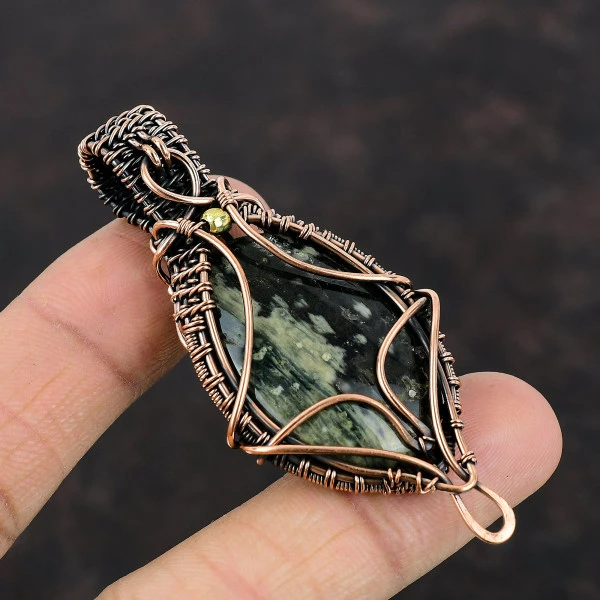 Ocean Jasper Oval Green Handmade Copper Wire Wrapped Pendant