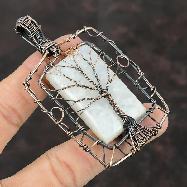 Rainbow Moonstone Rectangle White Handmade Copper Wire Wrapped Pendant