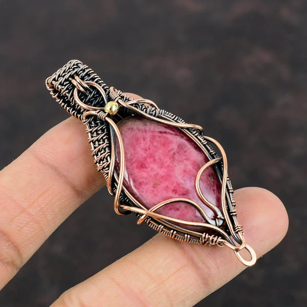 Rhodonite Oval Pink Handmade Copper Wire Wrapped Pendant