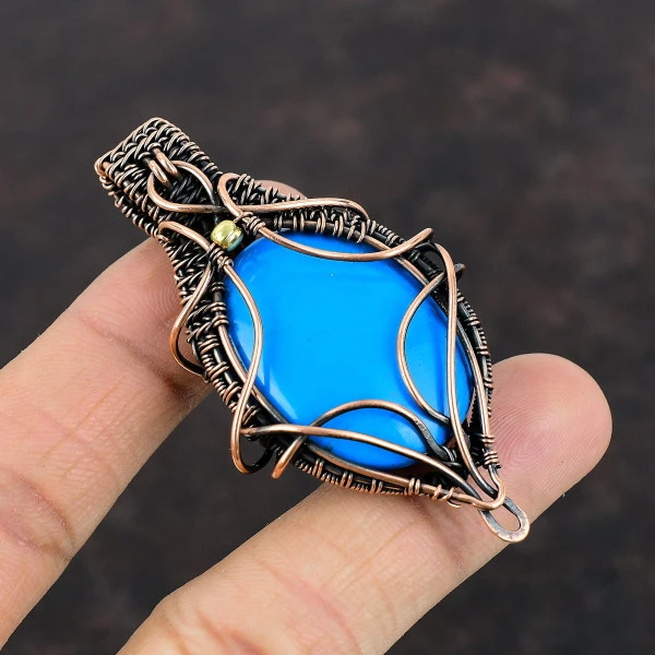 Sleeping Beauty Turquoise Oval Blue Handmade Copper Wire Wrapped Pendant