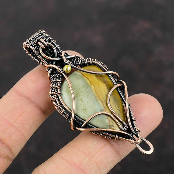 Polychrome Jasper Trillion Yellow Handmade Copper Wire Wrapped Pendant