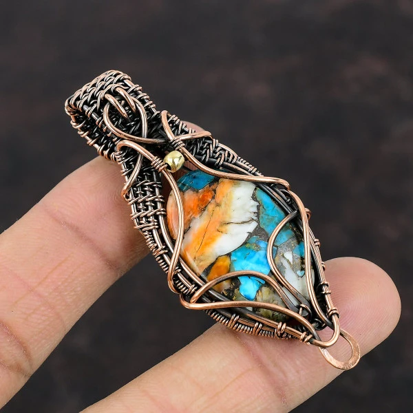Spiny Oyster Copper Turquoise Oval Orange Handmade Copper Wire Wrapped Pendant