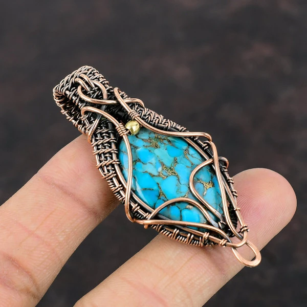 Copper Blue Turquoise Oval Blue Handmade Copper Wire Wrapped Pendant