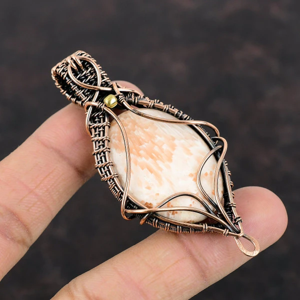 Scolecite Oval Peach Handmade Copper Wire Wrapped Pendant