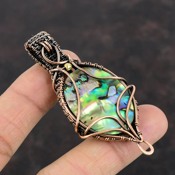 Abalone Shell Oval Green Handmade Copper Wire Wrapped Pendant