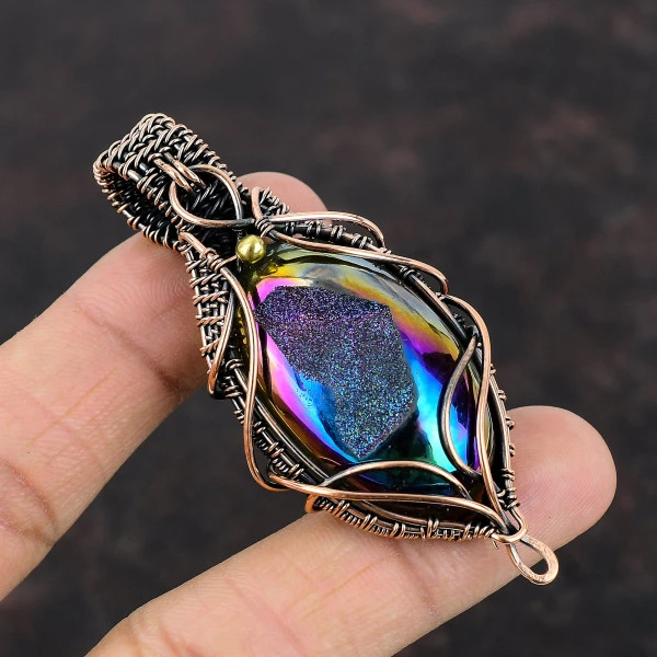 Titanium Druzy Oval Purple Handmade Copper Wire Wrapped Pendant
