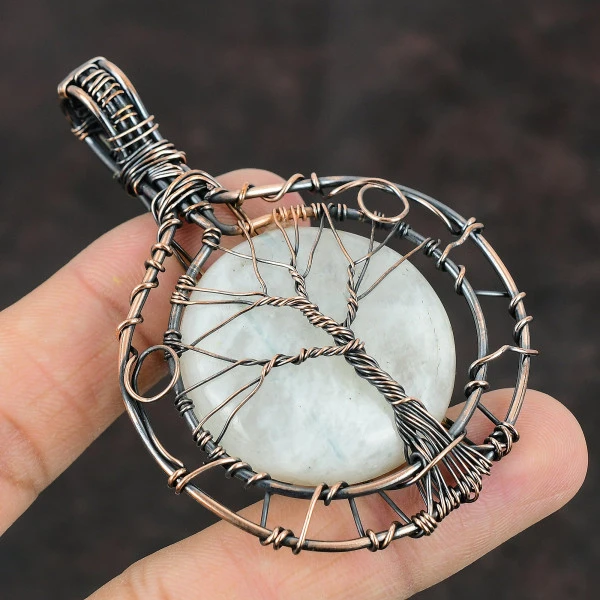 Rainbow Moonstone Round White Handmade Copper Wire Wrapped Pendant