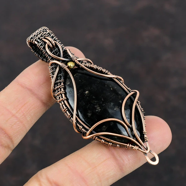 Nuummite Oval Black Handmade Copper Wire Wrapped Pendant