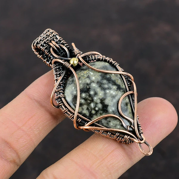 Ocean Jasper Pear Green Handmade Copper Wire Wrapped Pendant