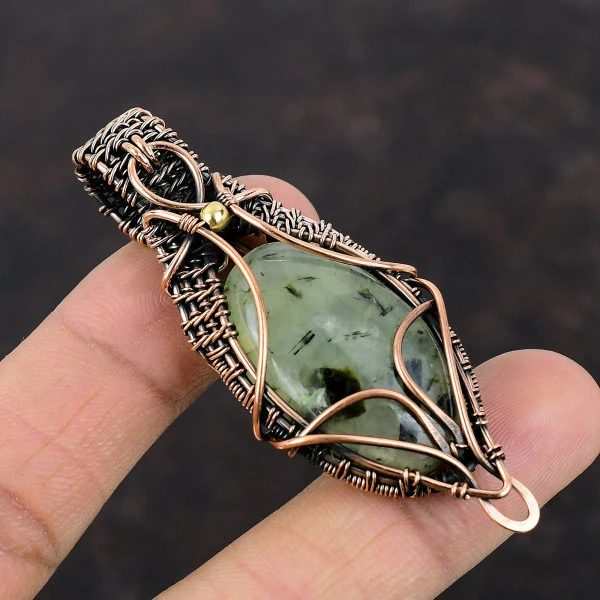 Moss Prehnite Oval Green Handmade Copper Wire Wrapped Pendant