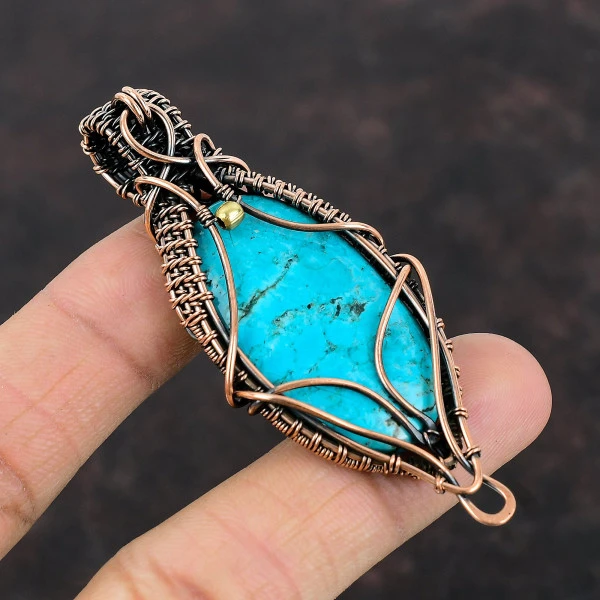 Tibetan Turquoise Oval Blue Handmade Copper Wire Wrapped Pendant