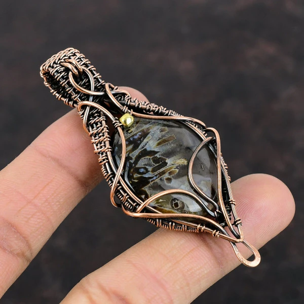 Stick Agate Oval Black Handmade Copper Wire Wrapped Pendant