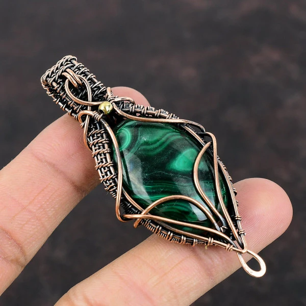 Malachite Oval Green Handmade Copper Wire Wrapped Pendant