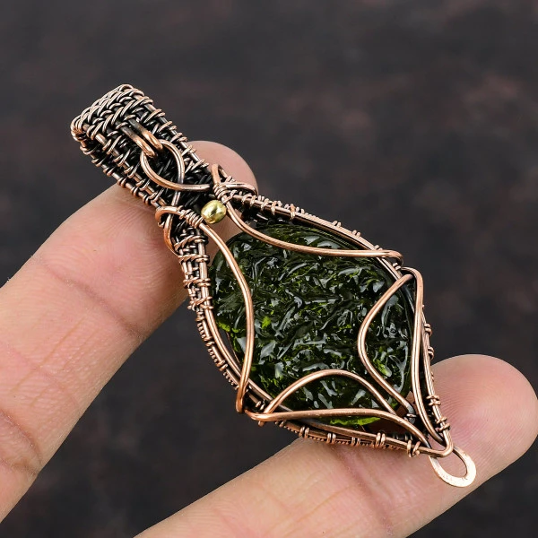 Moldavite Oval Green Handmade Copper Wire Wrapped Pendant