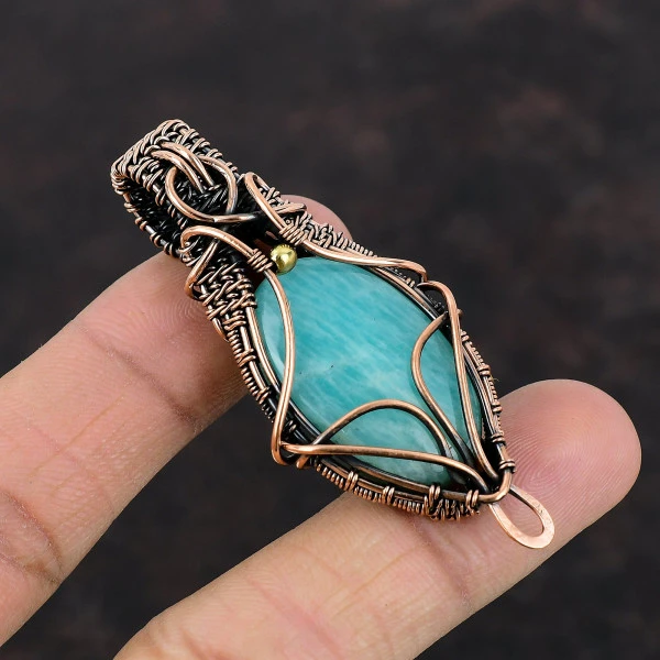 Amazonite Oval Green Handmade Copper Wire Wrapped Pendant