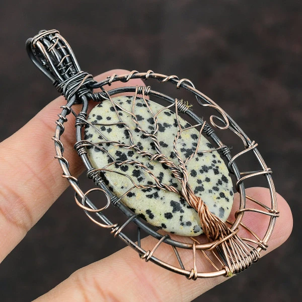Dalmatian Jasper Oval Gray Handmade Copper Wire Wrapped Pendant